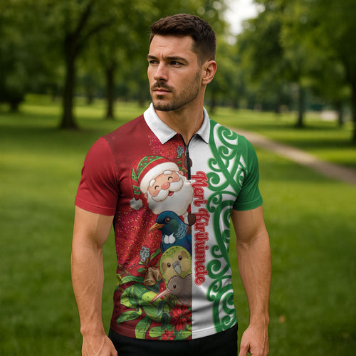 Meri Kirihimete New Zealand Personalised Zipper Polo Shirt Cute Santa NZ Animals and Pohutukawa