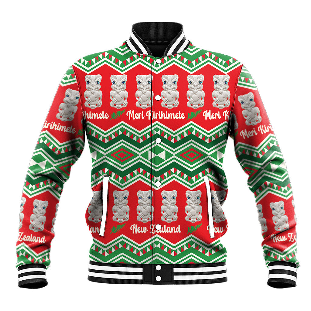 New Zealand Christmas In July Baseball Jacket Meri Kirihimete Hei Tiki Taniko Motifs Seamless
