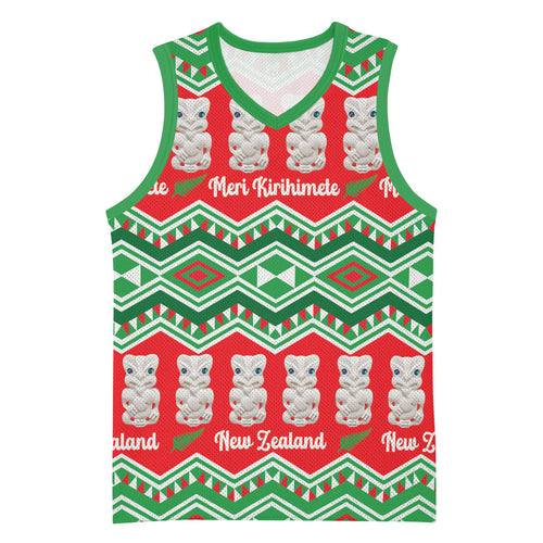 New Zealand Christmas In July Basketball Jersey Meri Kirihimete Hei Tiki Taniko Motifs Seamless