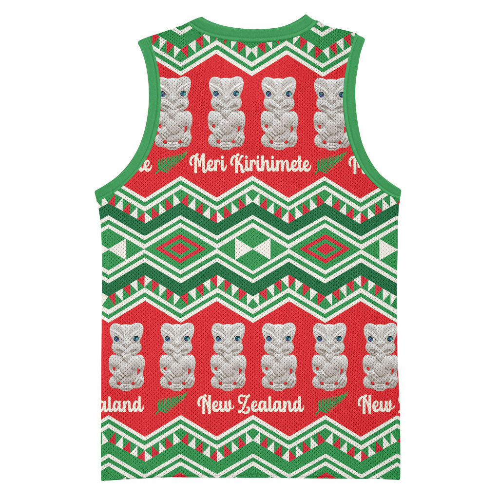 New Zealand Christmas In July Basketball Jersey Meri Kirihimete Hei Tiki Taniko Motifs Seamless