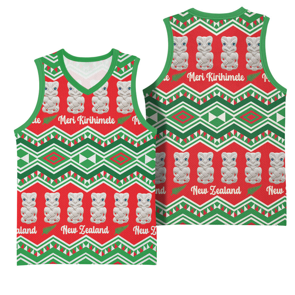 New Zealand Christmas In July Basketball Jersey Meri Kirihimete Hei Tiki Taniko Motifs Seamless