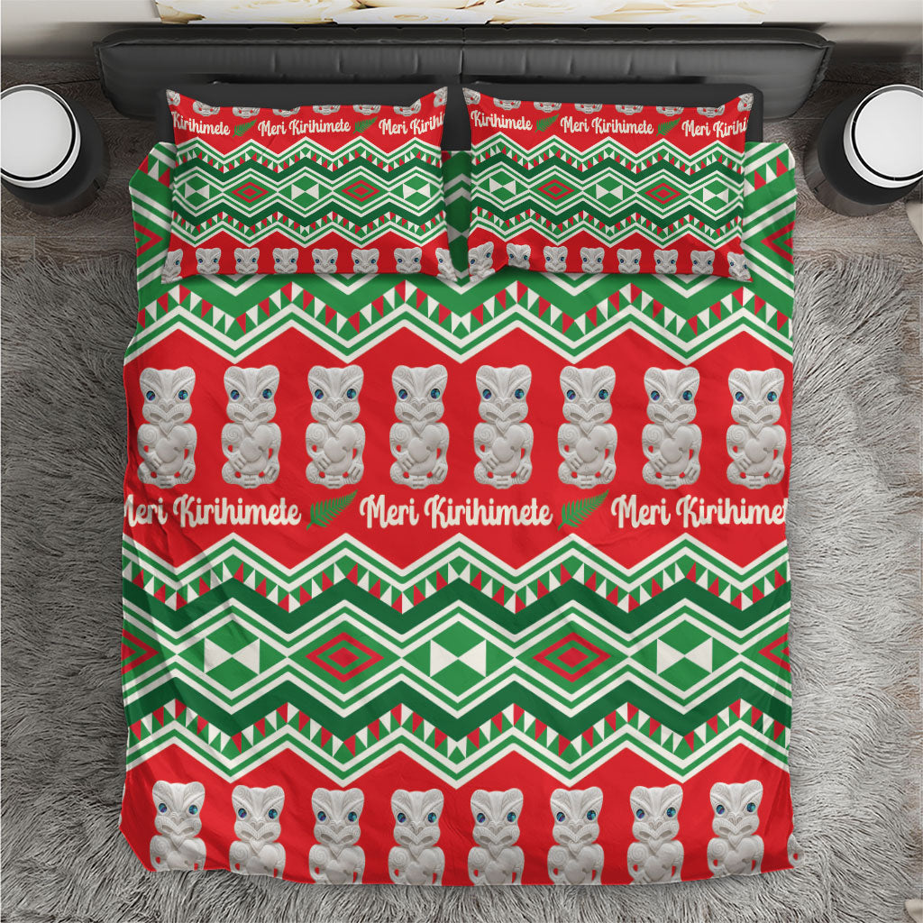 New Zealand Christmas In July Bedding Set Meri Kirihimete Hei Tiki Taniko Motifs Seamless