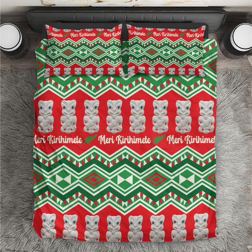 New Zealand Christmas In July Bedding Set Meri Kirihimete Hei Tiki Taniko Motifs Seamless
