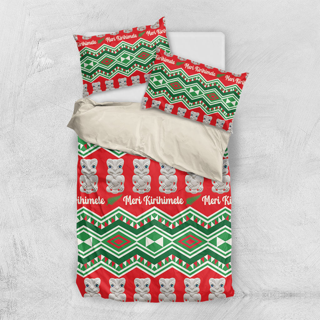 New Zealand Christmas In July Bedding Set Meri Kirihimete Hei Tiki Taniko Motifs Seamless