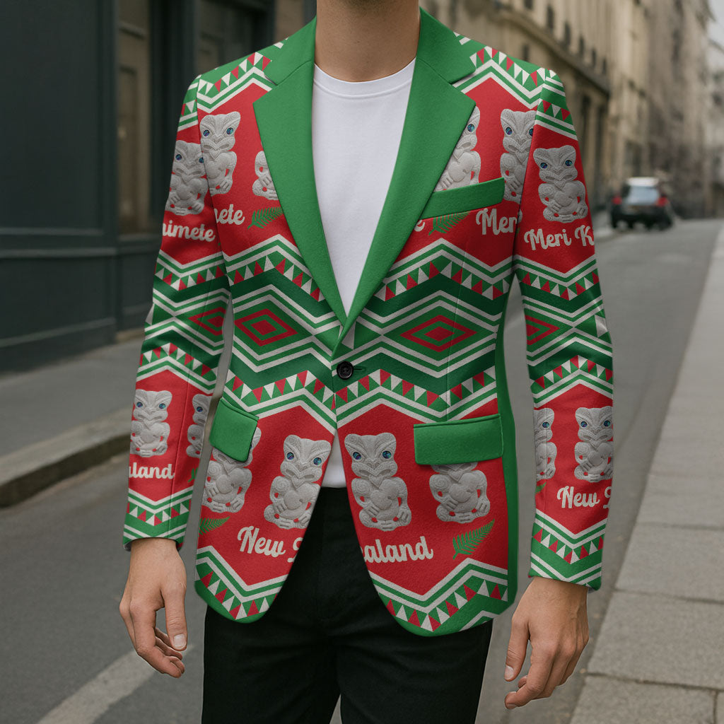New Zealand Christmas In July Blazer Meri Kirihimete Hei Tiki Taniko Motifs Seamless