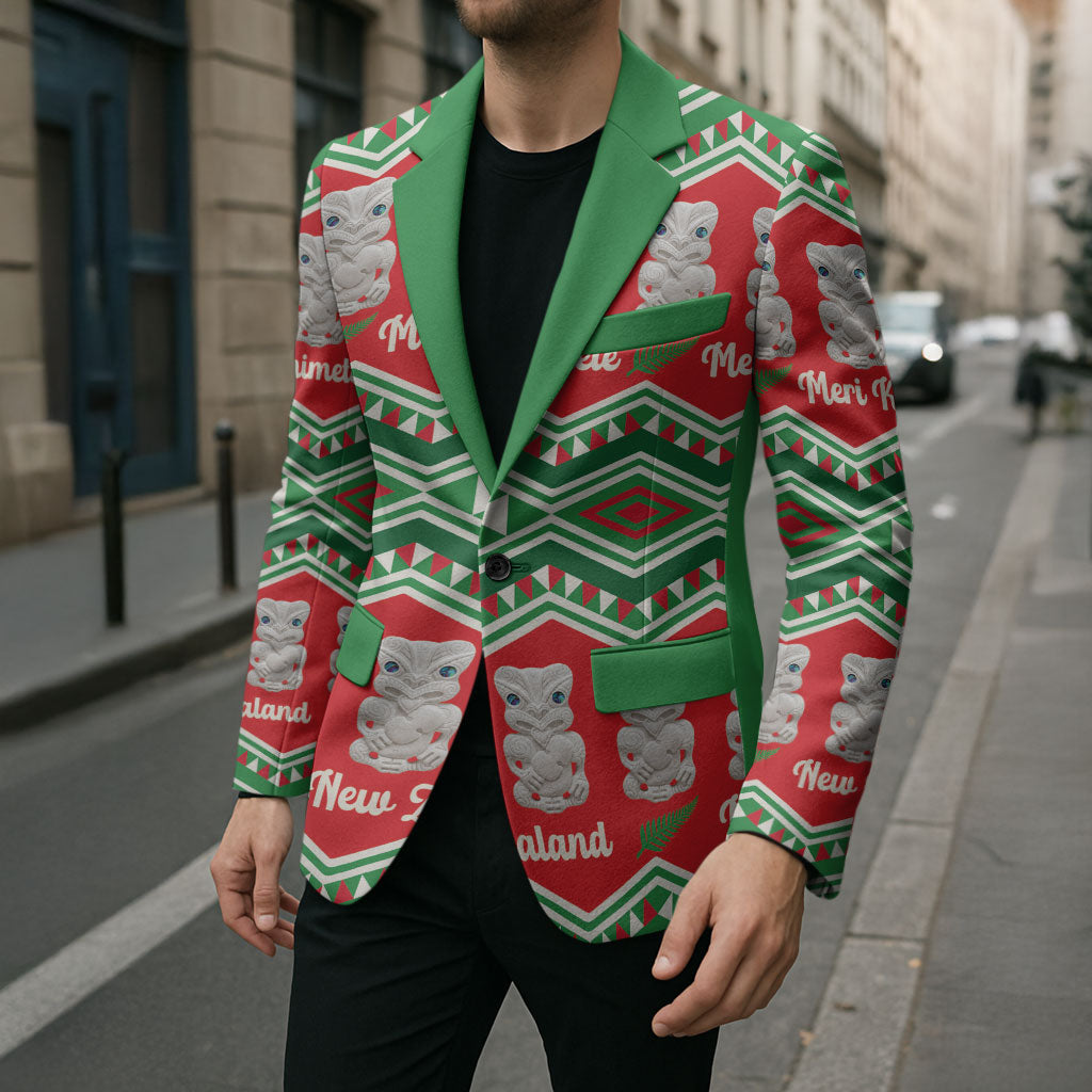 New Zealand Christmas In July Blazer Meri Kirihimete Hei Tiki Taniko Motifs Seamless