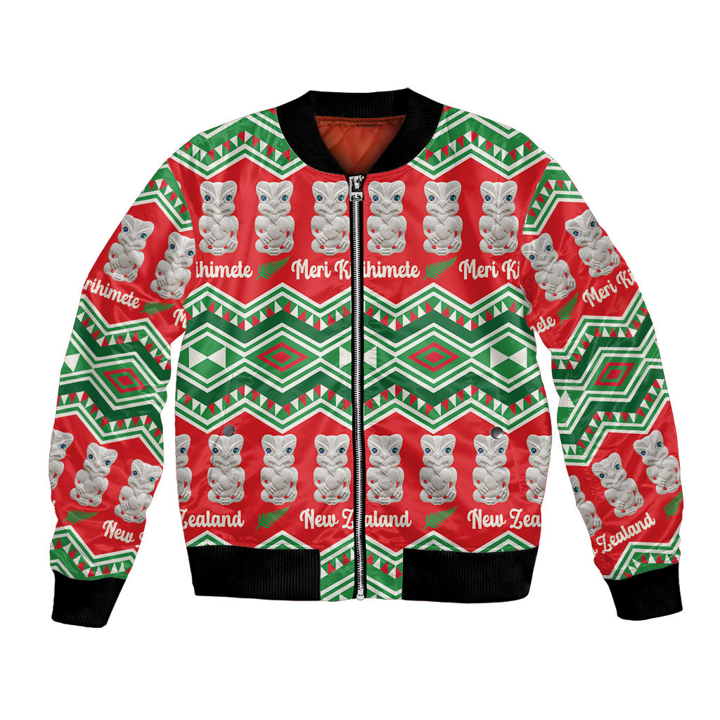 New Zealand Christmas In July Bomber Jacket Meri Kirihimete Hei Tiki Taniko Motifs Seamless