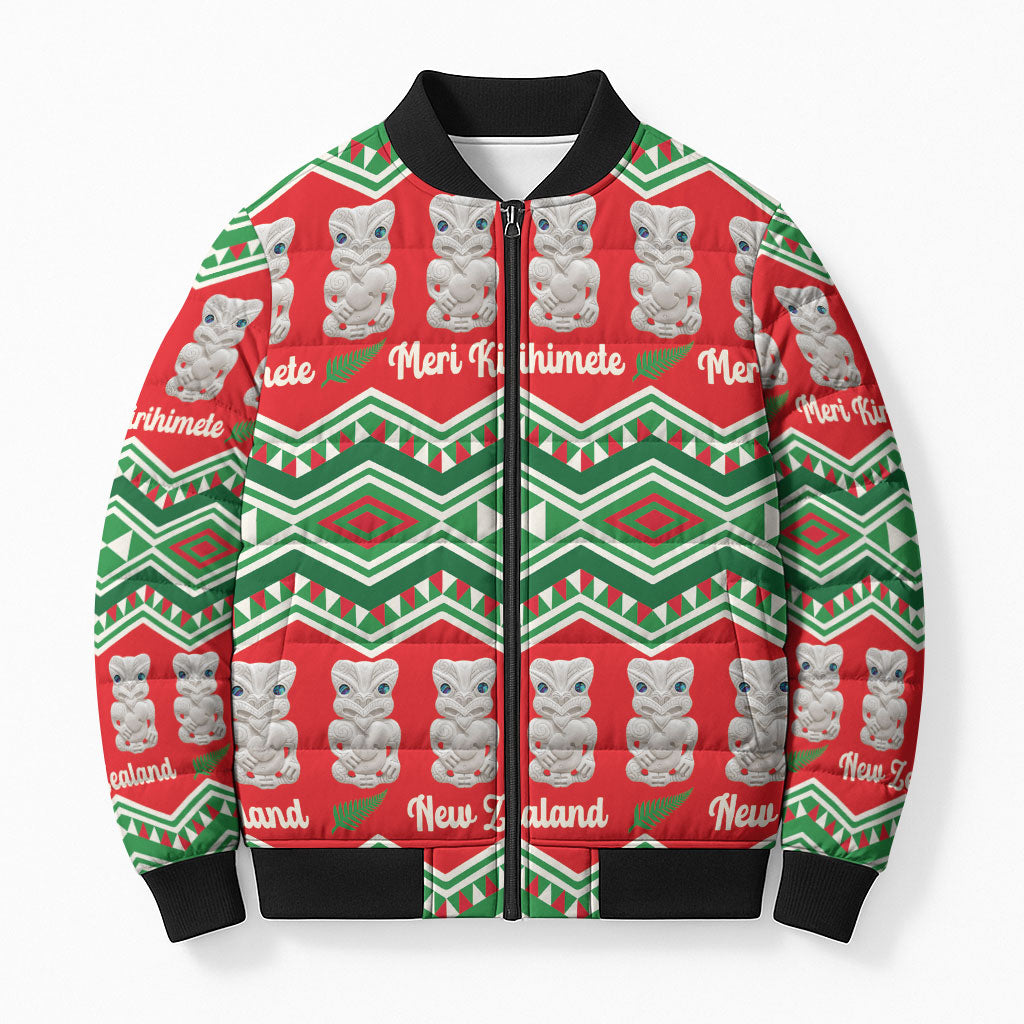 New Zealand Christmas In July Bomber Puffer Jacket Meri Kirihimete Hei Tiki Taniko Motifs Seamless