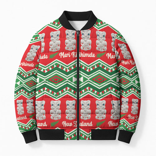 New Zealand Christmas In July Bomber Puffer Jacket Meri Kirihimete Hei Tiki Taniko Motifs Seamless