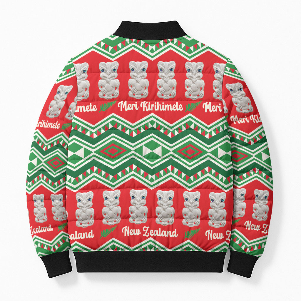 New Zealand Christmas In July Bomber Puffer Jacket Meri Kirihimete Hei Tiki Taniko Motifs Seamless
