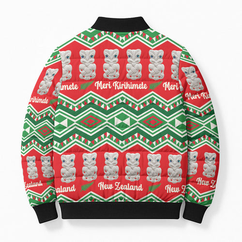 New Zealand Christmas In July Bomber Puffer Jacket Meri Kirihimete Hei Tiki Taniko Motifs Seamless