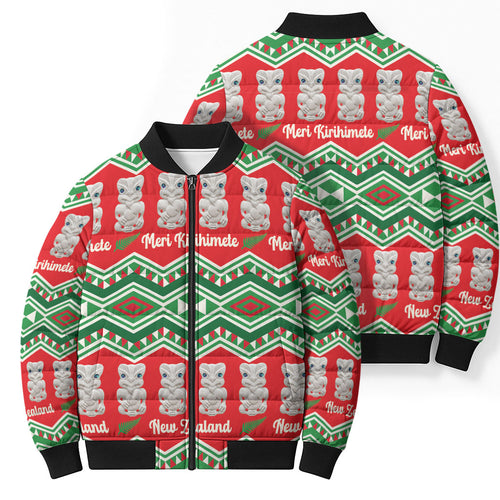 New Zealand Christmas In July Bomber Puffer Jacket Meri Kirihimete Hei Tiki Taniko Motifs Seamless