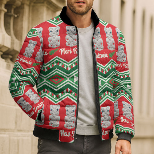 New Zealand Christmas In July Bomber Puffer Jacket Meri Kirihimete Hei Tiki Taniko Motifs Seamless