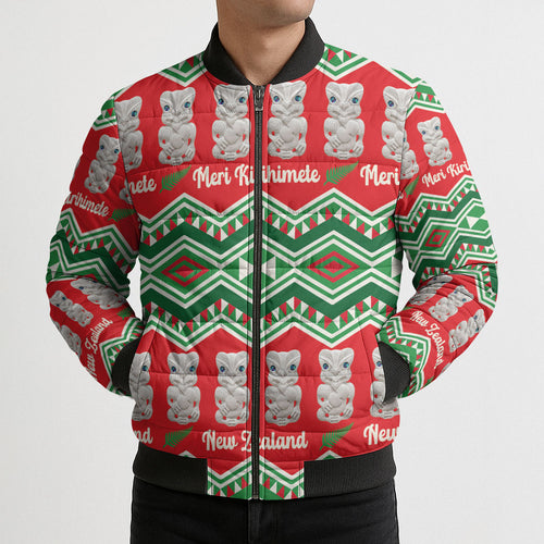 New Zealand Christmas In July Bomber Puffer Jacket Meri Kirihimete Hei Tiki Taniko Motifs Seamless