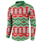 New Zealand Christmas In July Button Sweatshirt Meri Kirihimete Hei Tiki Taniko Motifs Seamless