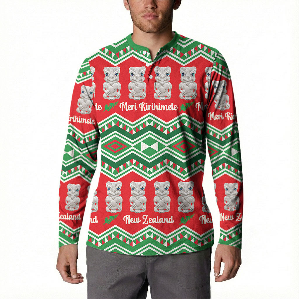 New Zealand Christmas In July Button Sweatshirt Meri Kirihimete Hei Tiki Taniko Motifs Seamless