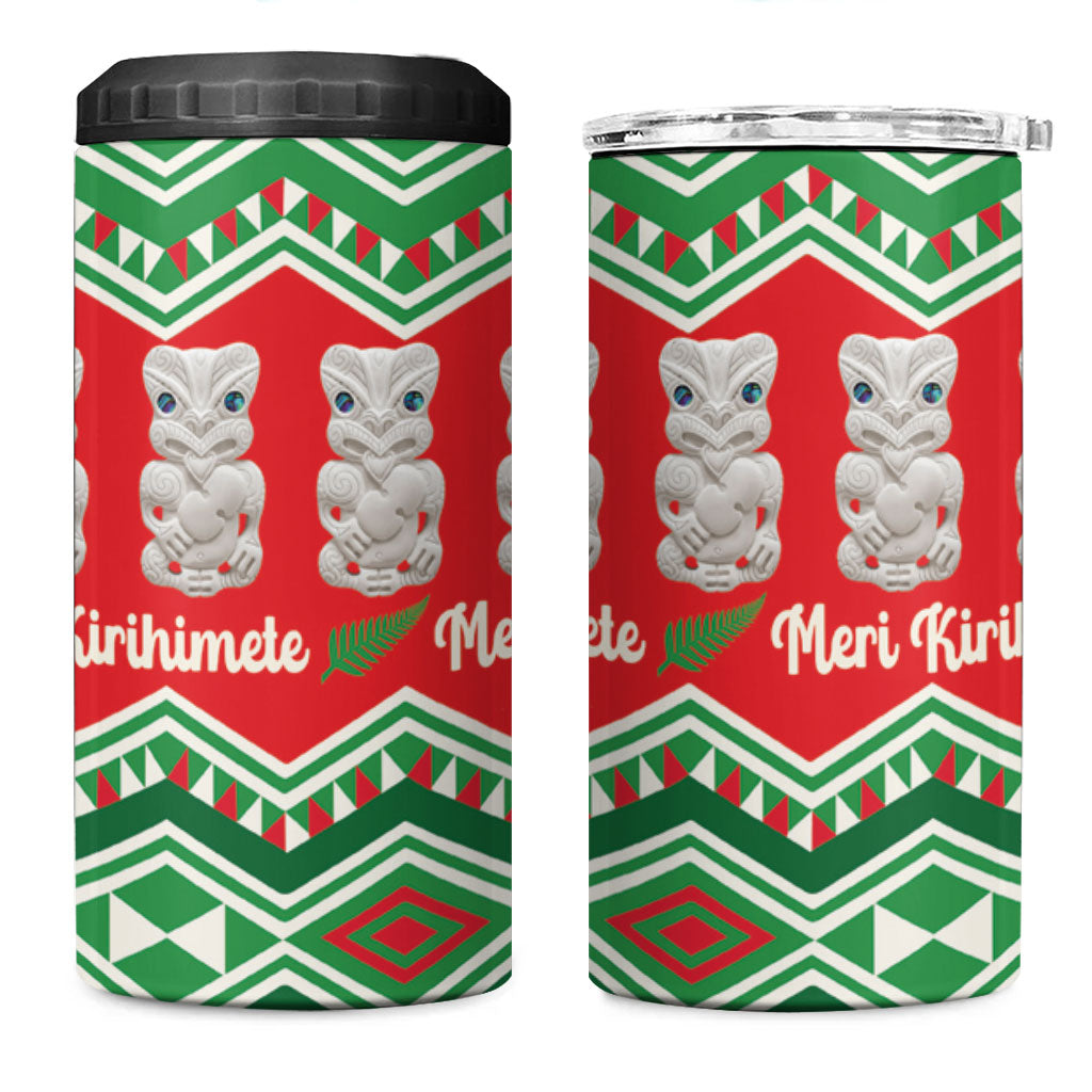 New Zealand Christmas In July 4 in 1 Can Cooler Tumbler Meri Kirihimete Hei Tiki Taniko Motifs Seamless