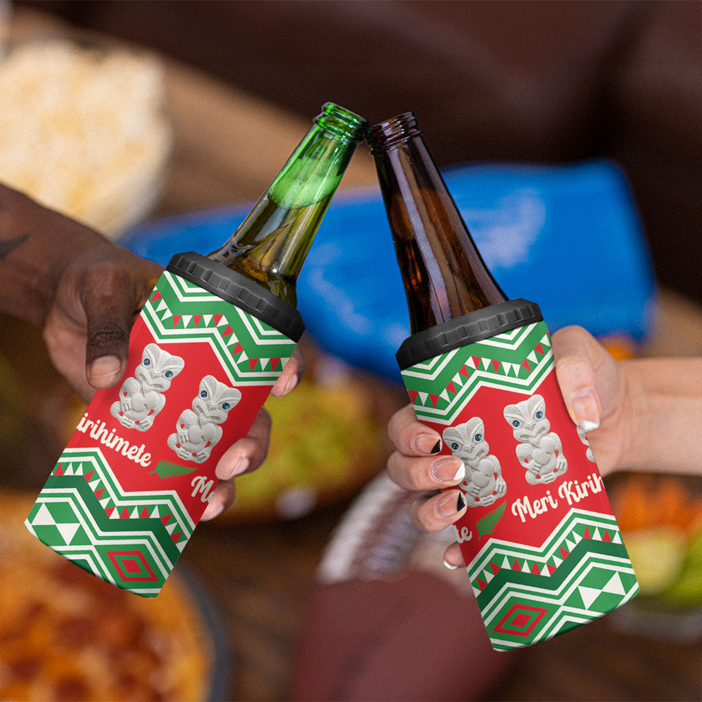 New Zealand Christmas In July 4 in 1 Can Cooler Tumbler Meri Kirihimete Hei Tiki Taniko Motifs Seamless