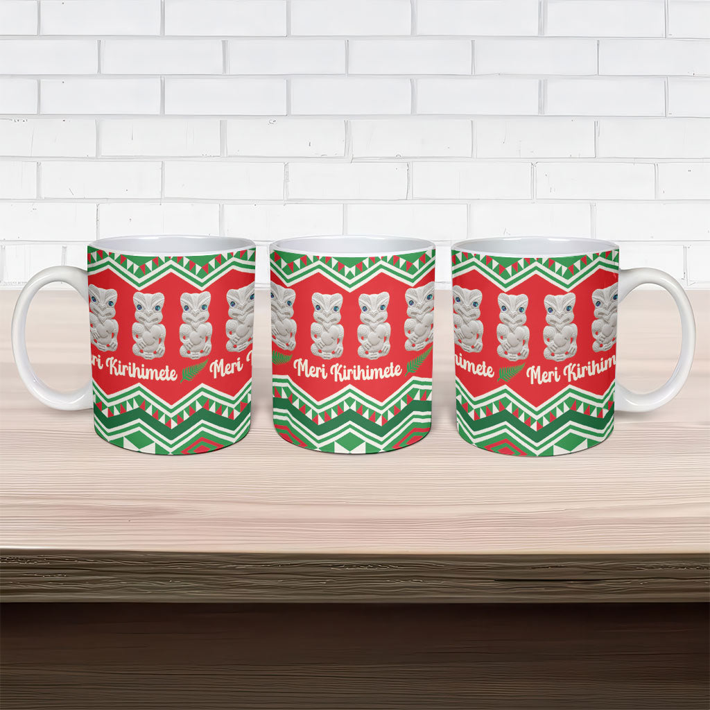 New Zealand Christmas In July Ceramic Mug Meri Kirihimete Hei Tiki Taniko Motifs Seamless