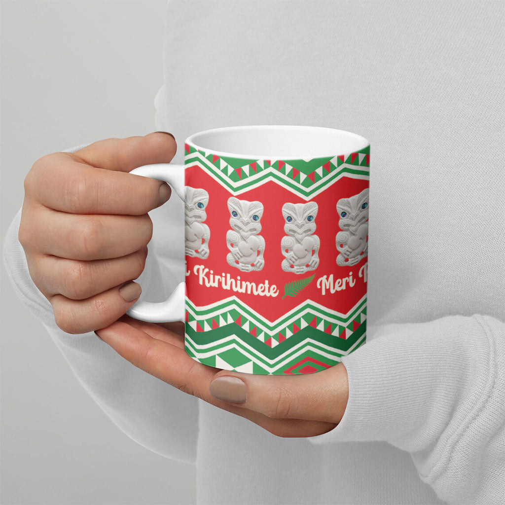 New Zealand Christmas In July Ceramic Mug Meri Kirihimete Hei Tiki Taniko Motifs Seamless