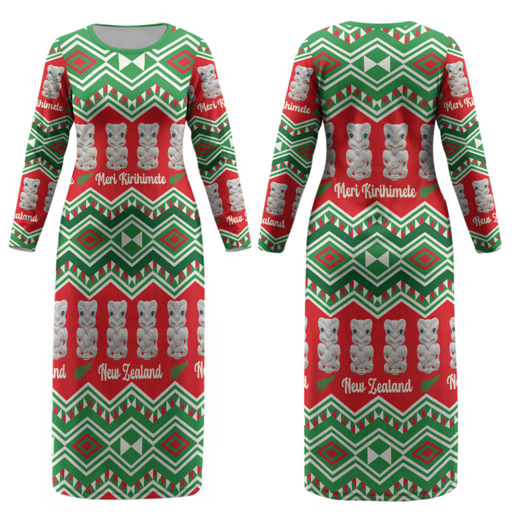 New Zealand Christmas In July Couples Matching Long Sleeve Bodycon Dress and Hawaiian Shirt Meri Kirihimete Hei Tiki Taniko Motifs Seamless LT14