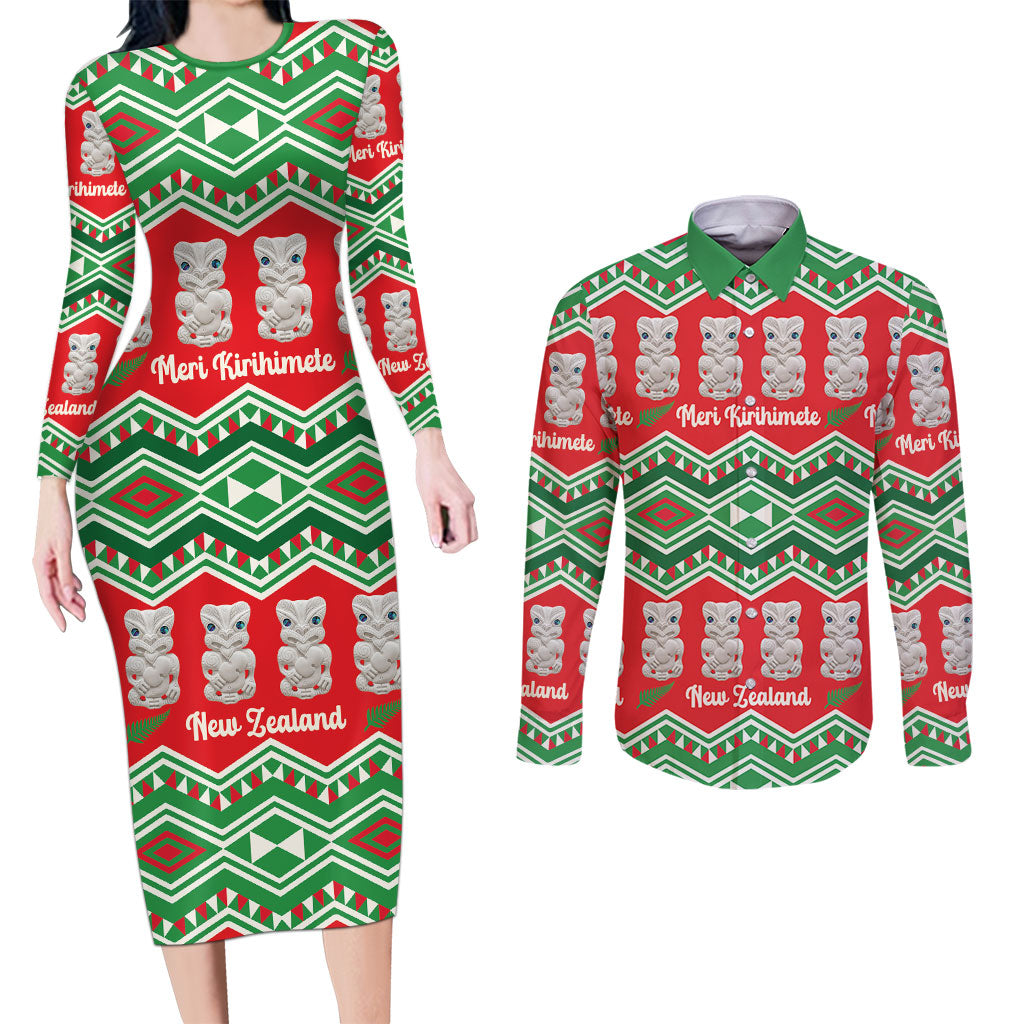 New Zealand Christmas In July Couples Matching Long Sleeve Bodycon Dress and Long Sleeve Button Shirt Meri Kirihimete Hei Tiki Taniko Motifs Seamless