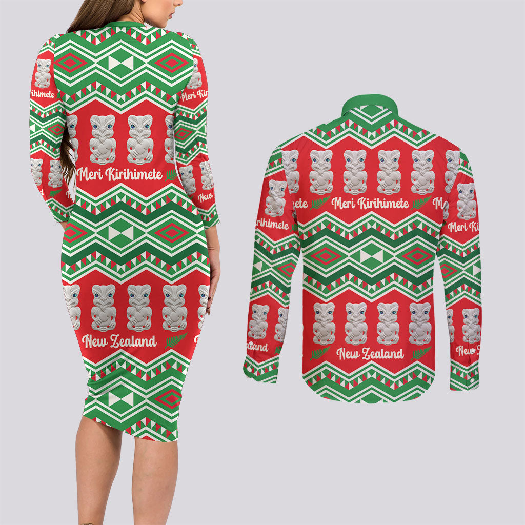 New Zealand Christmas In July Couples Matching Long Sleeve Bodycon Dress and Long Sleeve Button Shirt Meri Kirihimete Hei Tiki Taniko Motifs Seamless