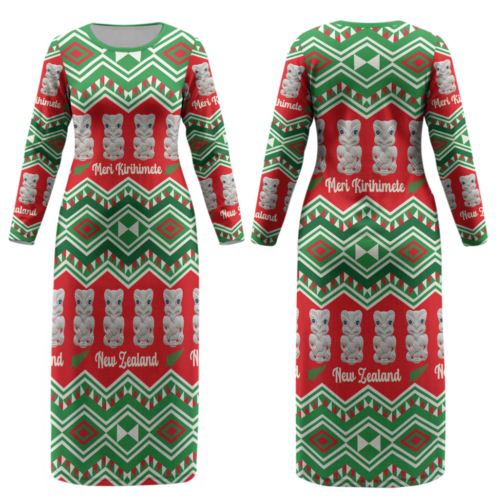 New Zealand Christmas In July Couples Matching Long Sleeve Bodycon Dress and Long Sleeve Button Shirt Meri Kirihimete Hei Tiki Taniko Motifs Seamless LT14