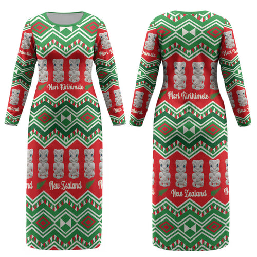 New Zealand Christmas In July Couples Matching Long Sleeve Bodycon Dress and Long Sleeve Button Shirt Meri Kirihimete Hei Tiki Taniko Motifs Seamless LT14