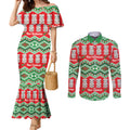 New Zealand Christmas In July Couples Matching Mermaid Dress and Long Sleeve Button Shirt Meri Kirihimete Hei Tiki Taniko Motifs Seamless