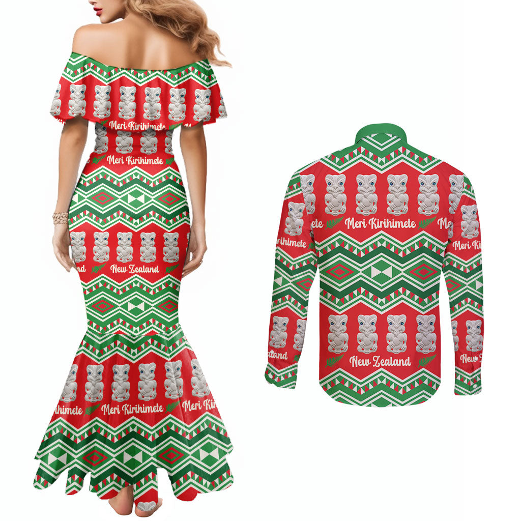 New Zealand Christmas In July Couples Matching Mermaid Dress and Long Sleeve Button Shirt Meri Kirihimete Hei Tiki Taniko Motifs Seamless