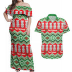 New Zealand Christmas In July Couples Matching Off Shoulder Maxi Dress and Hawaiian Shirt Meri Kirihimete Hei Tiki Taniko Motifs Seamless