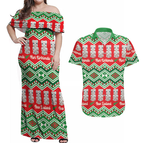 New Zealand Christmas In July Couples Matching Off Shoulder Maxi Dress and Hawaiian Shirt Meri Kirihimete Hei Tiki Taniko Motifs Seamless