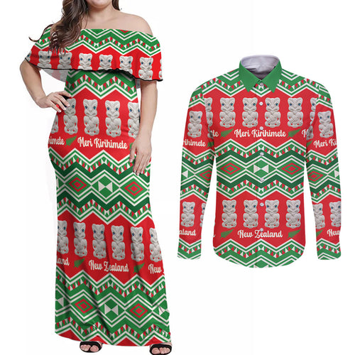 New Zealand Christmas In July Couples Matching Off Shoulder Maxi Dress and Long Sleeve Button Shirt Meri Kirihimete Hei Tiki Taniko Motifs Seamless