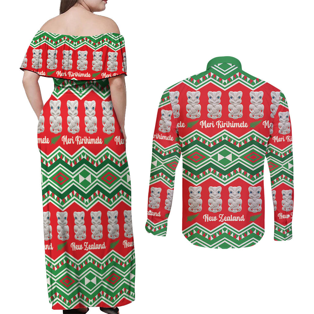 New Zealand Christmas In July Couples Matching Off Shoulder Maxi Dress and Long Sleeve Button Shirt Meri Kirihimete Hei Tiki Taniko Motifs Seamless