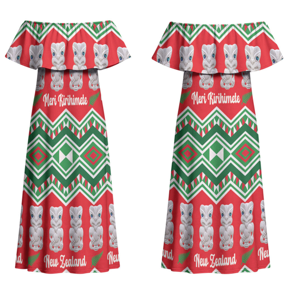 New Zealand Christmas In July Couples Matching Off Shoulder Maxi Dress and Long Sleeve Button Shirt Meri Kirihimete Hei Tiki Taniko Motifs Seamless LT14