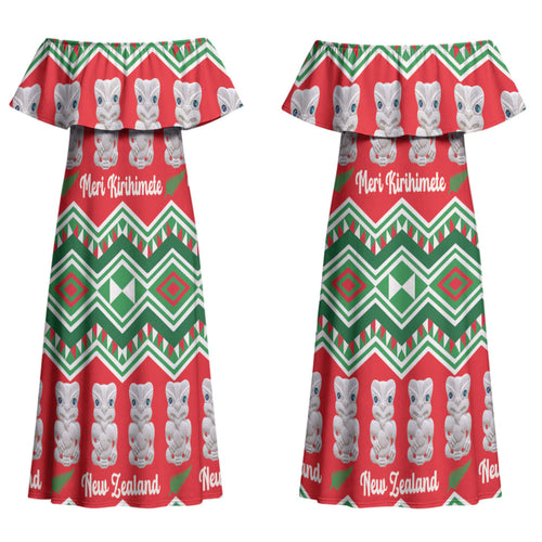 New Zealand Christmas In July Couples Matching Off Shoulder Maxi Dress and Long Sleeve Button Shirt Meri Kirihimete Hei Tiki Taniko Motifs Seamless LT14