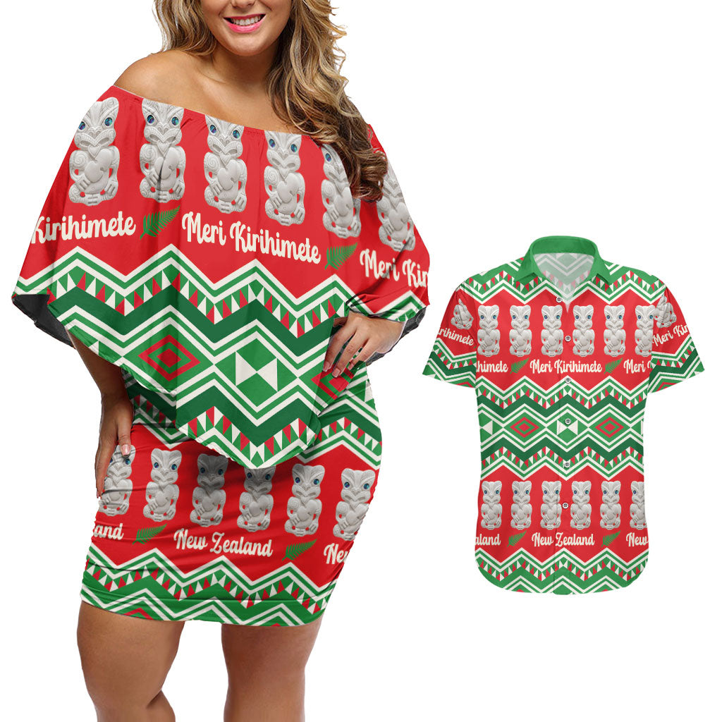 New Zealand Christmas In July Couples Matching Off Shoulder Short Dress and Hawaiian Shirt Meri Kirihimete Hei Tiki Taniko Motifs Seamless