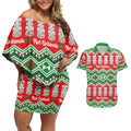 New Zealand Christmas In July Couples Matching Off Shoulder Short Dress and Hawaiian Shirt Meri Kirihimete Hei Tiki Taniko Motifs Seamless
