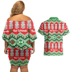 New Zealand Christmas In July Couples Matching Off Shoulder Short Dress and Hawaiian Shirt Meri Kirihimete Hei Tiki Taniko Motifs Seamless