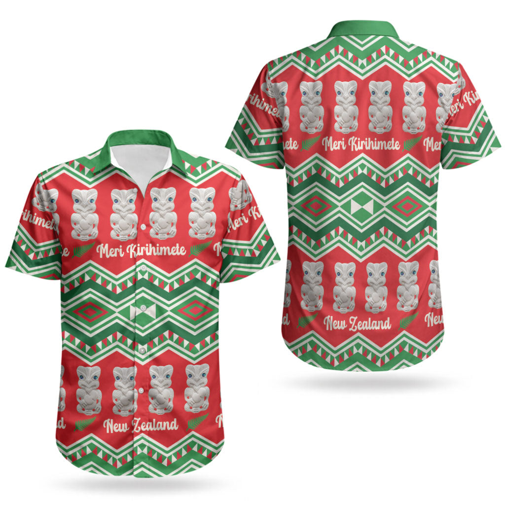 New Zealand Christmas In July Couples Matching Off Shoulder Short Dress and Hawaiian Shirt Meri Kirihimete Hei Tiki Taniko Motifs Seamless LT14