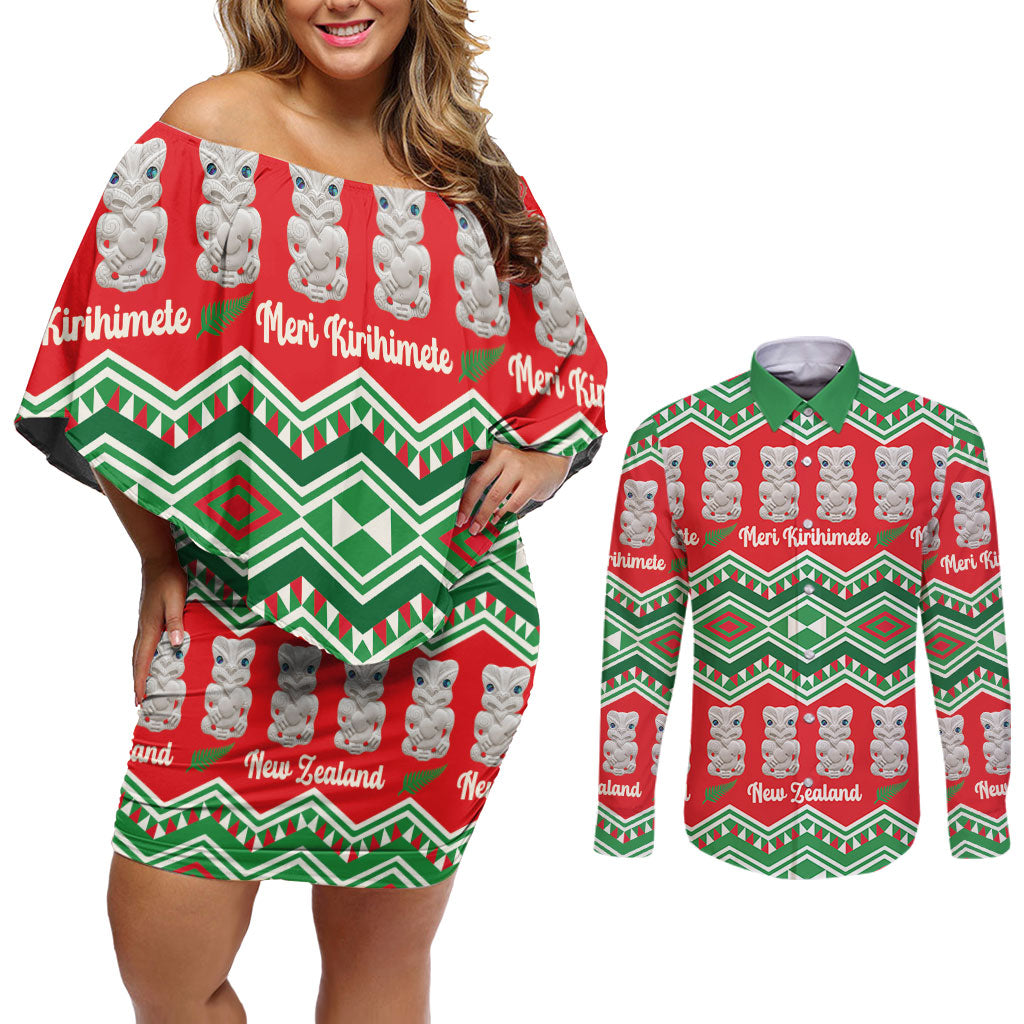 New Zealand Christmas In July Couples Matching Off Shoulder Short Dress and Long Sleeve Button Shirt Meri Kirihimete Hei Tiki Taniko Motifs Seamless