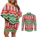New Zealand Christmas In July Couples Matching Off Shoulder Short Dress and Long Sleeve Button Shirt Meri Kirihimete Hei Tiki Taniko Motifs Seamless
