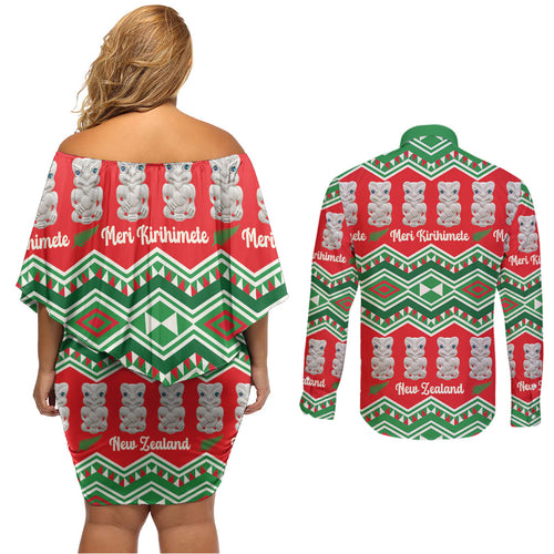 New Zealand Christmas In July Couples Matching Off Shoulder Short Dress and Long Sleeve Button Shirt Meri Kirihimete Hei Tiki Taniko Motifs Seamless