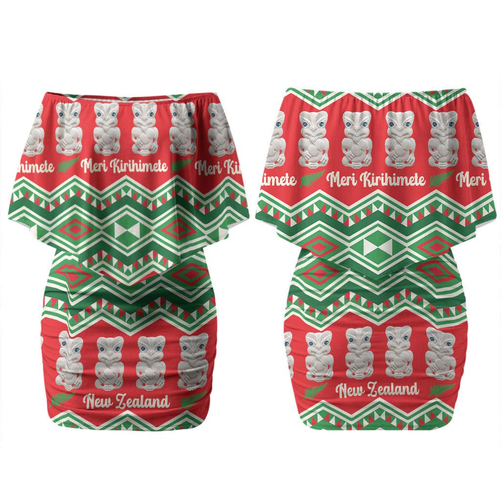 New Zealand Christmas In July Couples Matching Off Shoulder Short Dress and Long Sleeve Button Shirt Meri Kirihimete Hei Tiki Taniko Motifs Seamless LT14