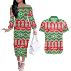 New Zealand Christmas In July Couples Matching Off The Shoulder Long Sleeve Dress and Hawaiian Shirt Meri Kirihimete Hei Tiki Taniko Motifs Seamless