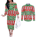New Zealand Christmas In July Couples Matching Off The Shoulder Long Sleeve Dress and Long Sleeve Button Shirt Meri Kirihimete Hei Tiki Taniko Motifs Seamless