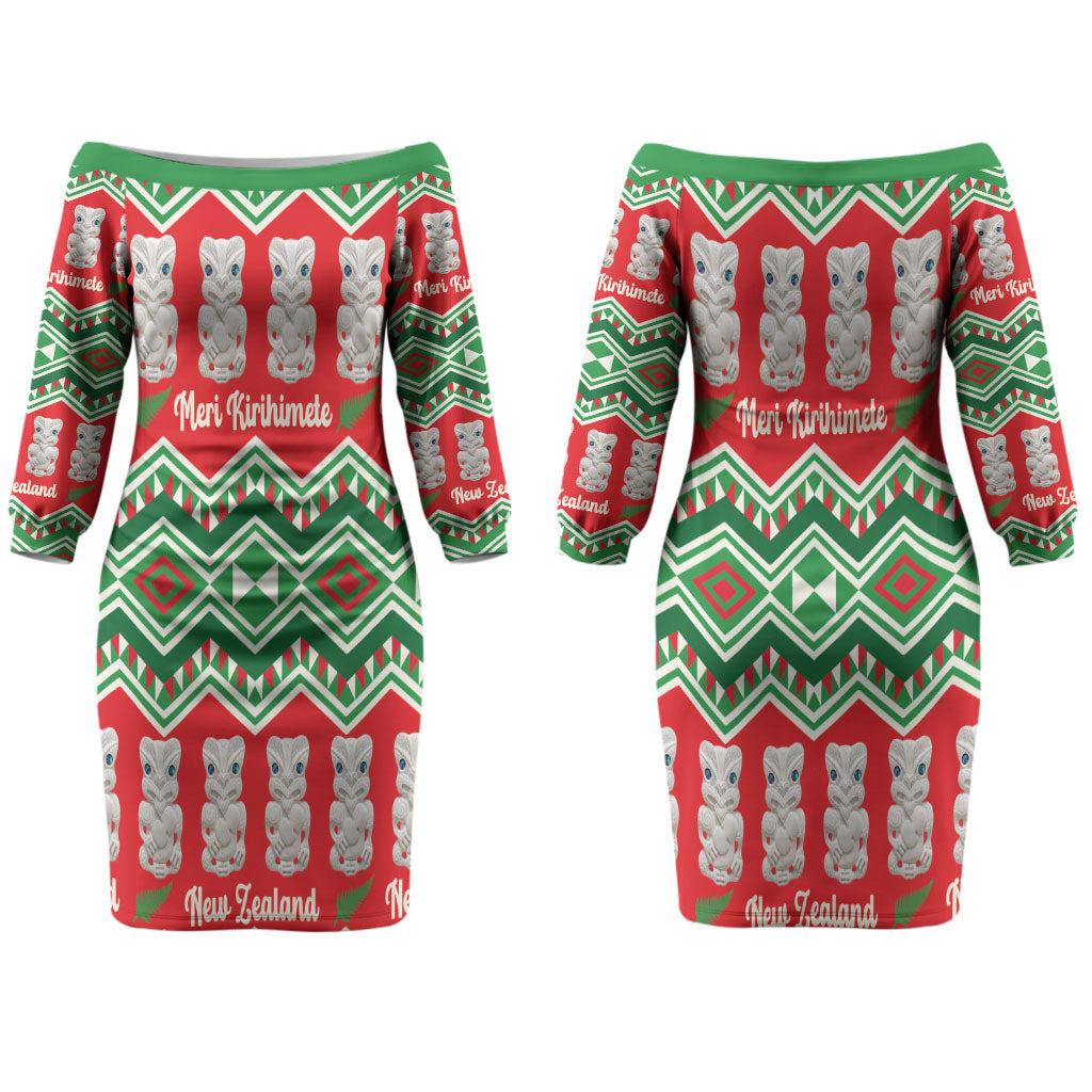New Zealand Christmas In July Couples Matching Off The Shoulder Long Sleeve Dress and Long Sleeve Button Shirt Meri Kirihimete Hei Tiki Taniko Motifs Seamless LT14