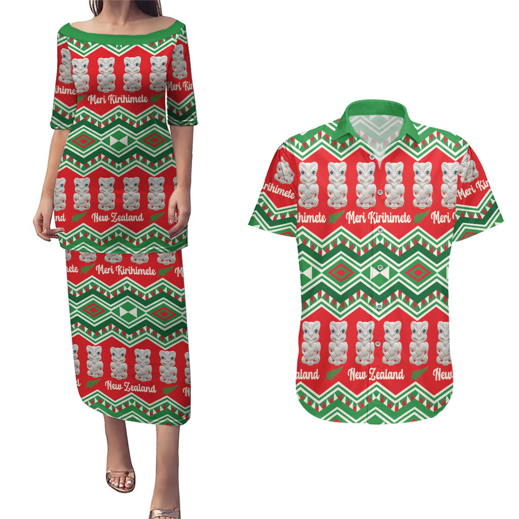 New Zealand Christmas In July Couples Matching Puletasi and Hawaiian Shirt Meri Kirihimete Hei Tiki Taniko Motifs Seamless