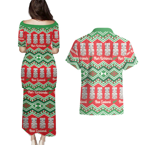New Zealand Christmas In July Couples Matching Puletasi and Hawaiian Shirt Meri Kirihimete Hei Tiki Taniko Motifs Seamless